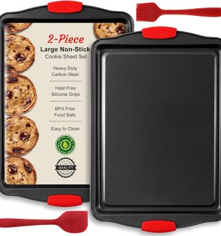 Baking Sheet Set, 2-Piece Cookie Sheet Set with Silicone Handles, Steel Baking Pans Set, Durable Baking Sheets for Oven, BPA Free Cookie Sheets for Baking Nonstick Set, Sheet Pan - Black Baking Tray